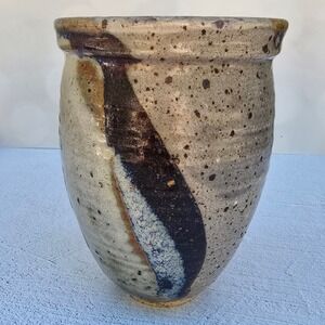 Studio MCM Pottery Hand Thrown Speckled Glaze Vase Abstract Indigo Ochre Signed